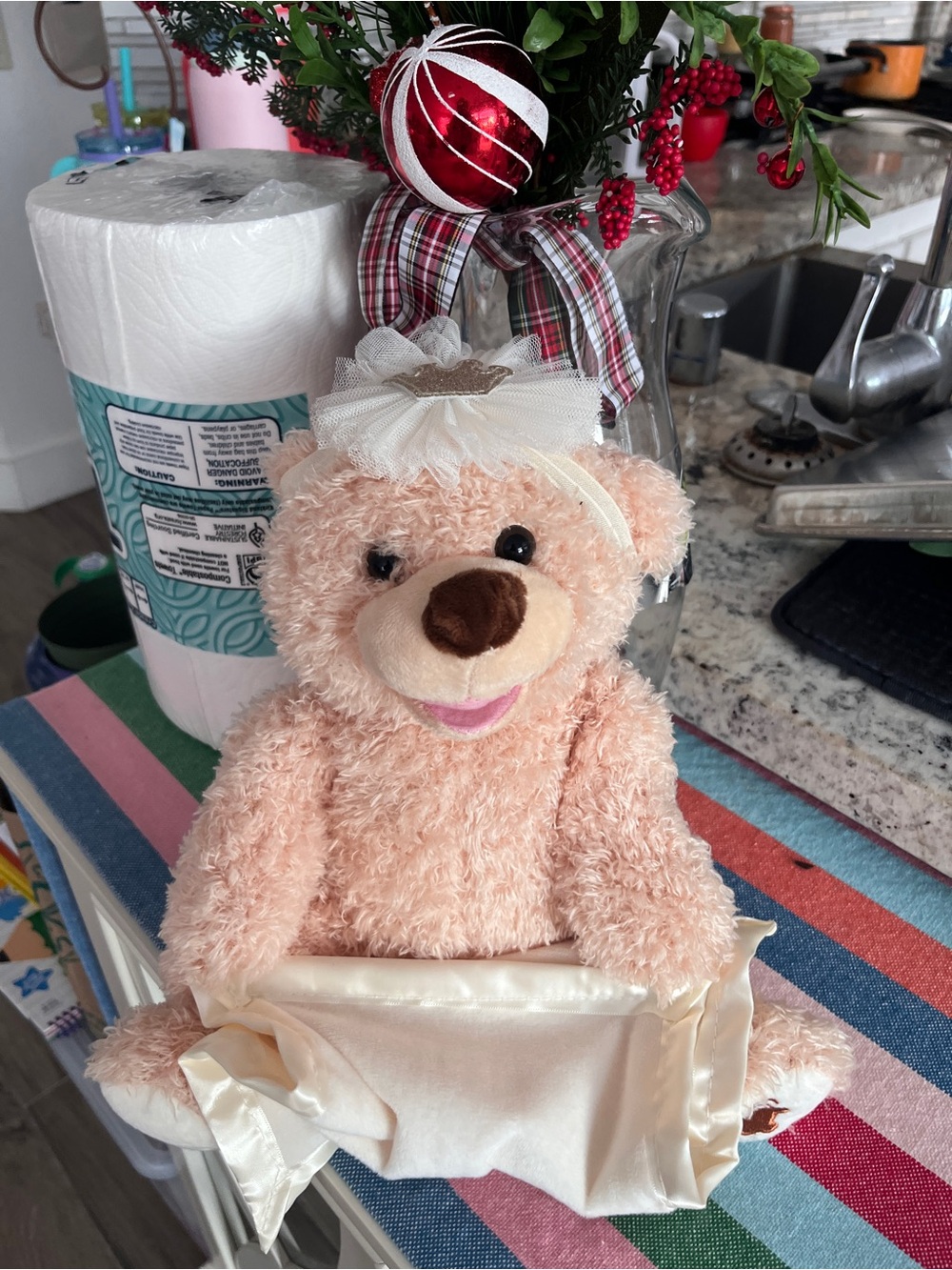 Pink Plush Holiday Teddy Bear with Cream Satin Bow